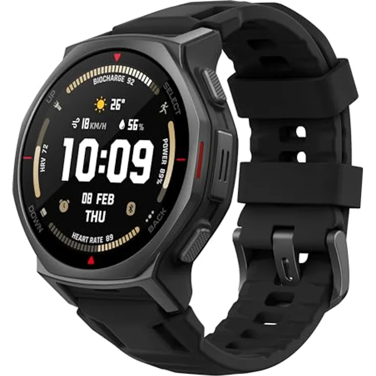 Amazfit T-Rex 3 Pro, Outdoor Smartwatch 44 mm Saphir-AMOLED, Taschenlampe, Titanlünette, Dual-Band GPS, 180+ Sportmodi, 10 ATM, Schwarz