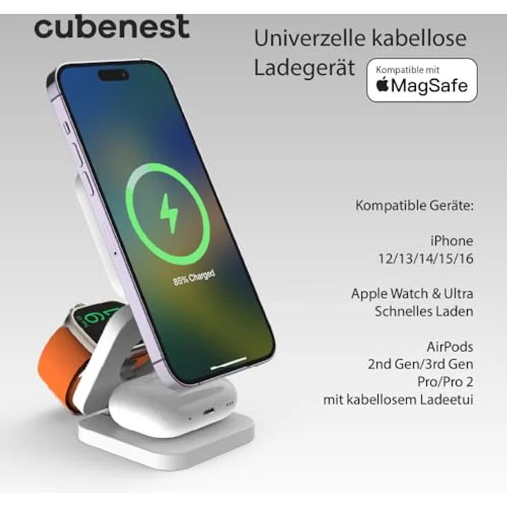 CubeNest 3in1 Faltbares Magnetisches Kabelloses Ladegerät E310 | 360° Rotation, 20W Schnellladefunktion | Kompakt – Bild 2