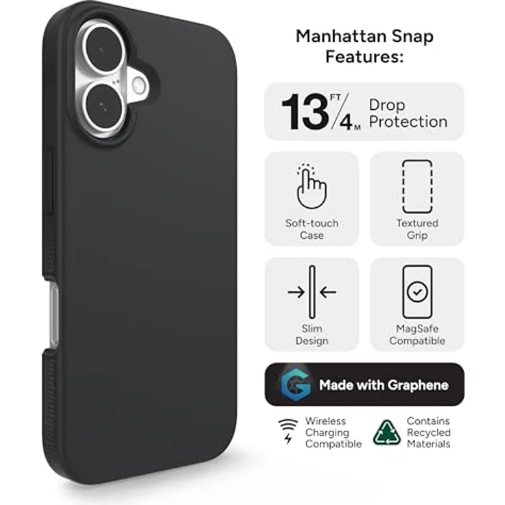 ZAGG Manhattan Snap, Graphen-verstärkte Hülle für iPhone 16 [6.1-Inch], MagSafe kompatibel, stoßfest, schlankes Design, Schwarz – Bild 3