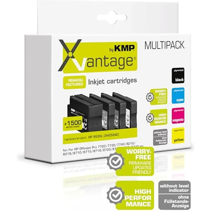 KMP Tintenpatrone 3HZ52AE, 4er Set schwarz/cyan/magenta/gelb, kompatibel mit HP 953XL, Nachfülltinte für bis zu 2.300 Seiten schwarz und 2.000 Seiten farbig