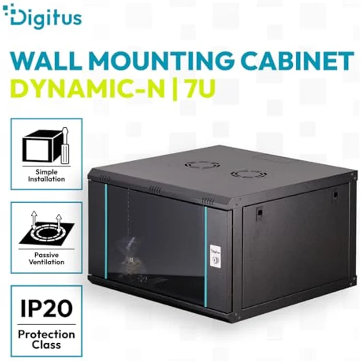 DIGITUS Netzwerkschrank Dynamic-N, 19-Zoll Rack 7HE, schwarz, unmontiert, Wandmontage, 600 mm Tiefe, 470 mm Nutztiefe, 60 kg Traglast, abschließbare Glastür – Bild 2