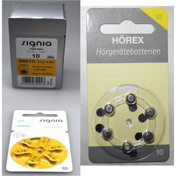 Signia Größe 10 Hörgeräte Batterien, 60 Stück plus 12 Testbatterien, Zink-Luft, 1,45 Volt von Hörex