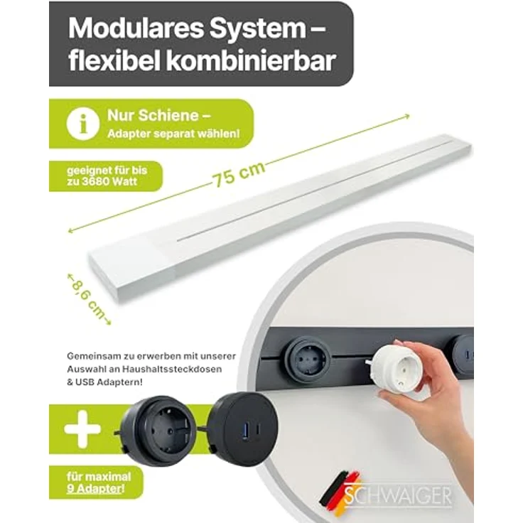 SCHWAIGER Konfigurierbare Steckdosenleiste 75 cm in Weiß, modulare Stromschiene im Alu-Design, individuell einstellbar, VDE geprüft für Küche, Büro & Werkstatt – Bild 2