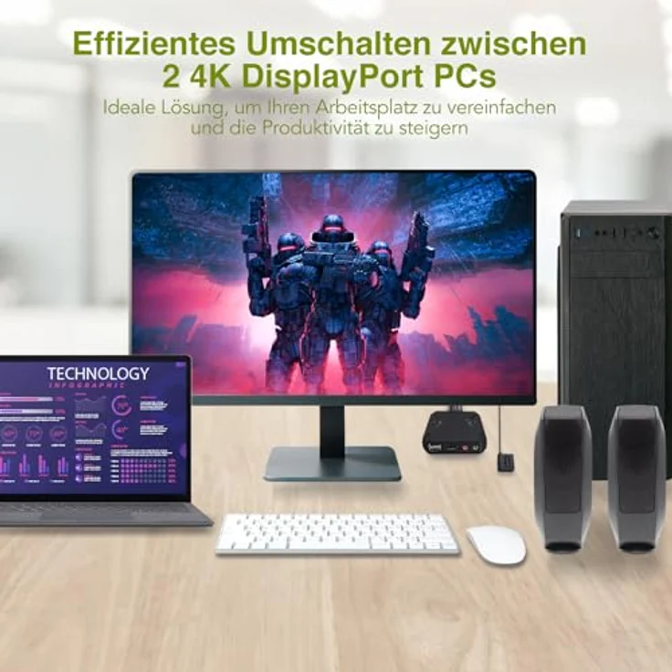 IOGEAR USB KVM Switch DisplayPort 4K@30Hz mit Kabel und Fernbedienung, 2 PCs an 1 Monitor, 7.1 HD-Audio, Windows/Mac/Linux-kompatibel – Bild 2