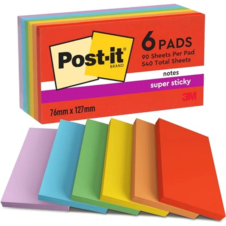 Post-it Super Sticky Haftnotizblock 655-6SS-PLAY, Playful Collection, 6x 90 Blatt, 76 x 127 mm, sortiert in ultrarot, vitalorange, ultragelb, limonengrün, paradiseblau und flieder – Bild 1