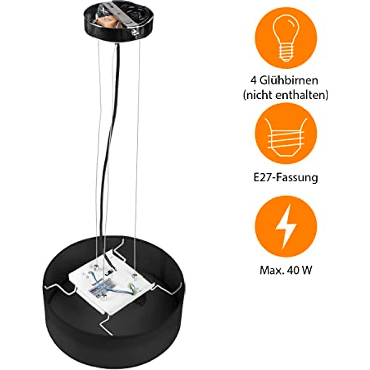 Smartwares IDE-60044 Deckenleuchte- Textilschirm, 50 cm, 4 x E27, Schwarz – Bild 6