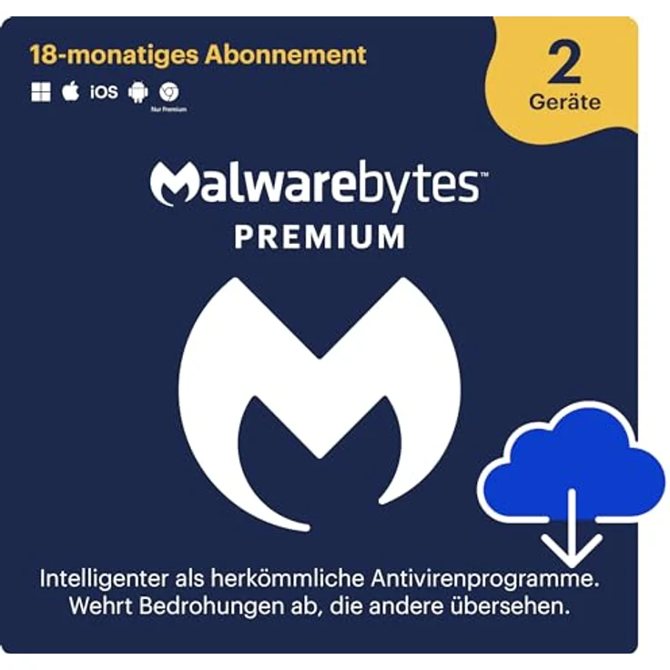 Malwarebytes Premium, Antiviren- und Antischadsoftware, 2 Geräte, 18 Monate, Aktivierungscode per Email, für Windows/Mac/iOS/Android/Chrome – Bild 1