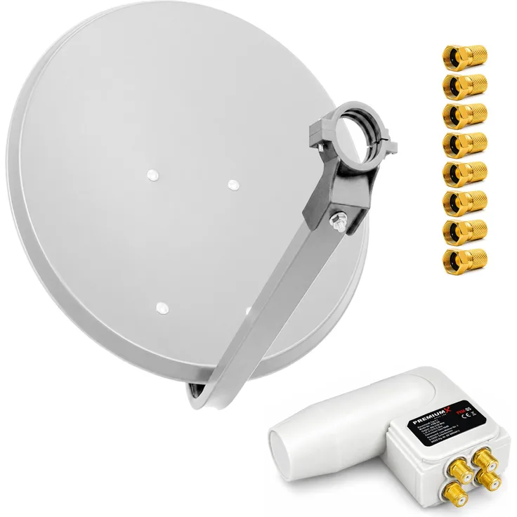 PremiumX PXA 80cm Satellitenantenne, stabile Aluminium Konstruktion mit Quad LNB, weiß, 8x F-Stecker