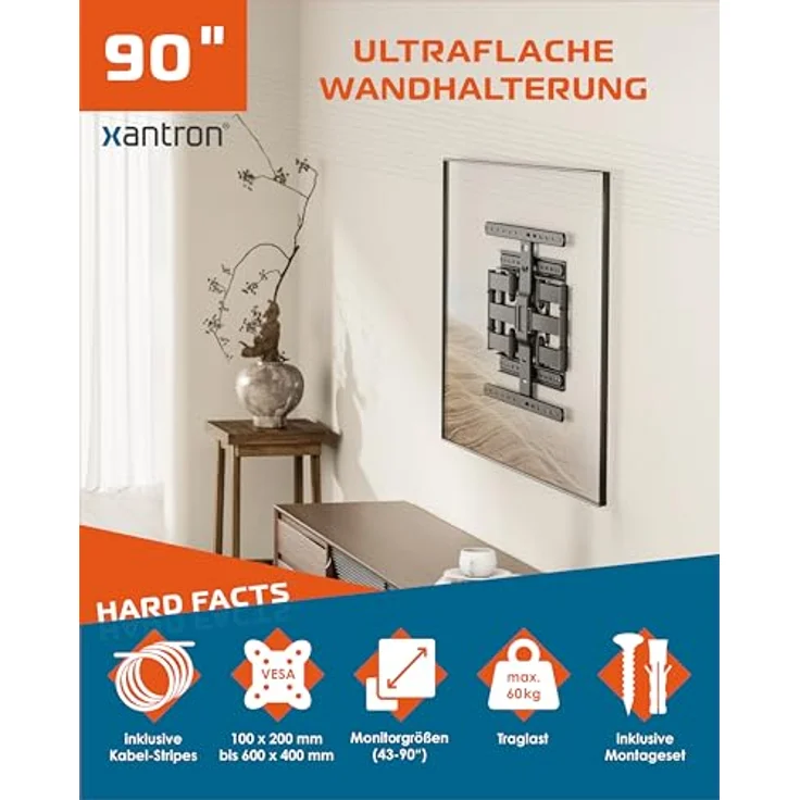 Xantron Slim Fit TV Wandhalterung SLIMLINE-466US, schwenkbar für 43-90 Zoll TVs, VESA bis 600x400, nur 27mm Wand-Abstand, Tragkraft bis 75kg – Bild 2