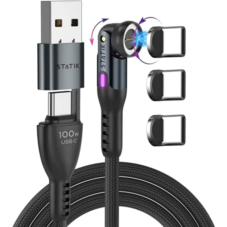 Statik 360 Pro Magnetisches Handy-Ladekabel, 3-in-1 Ladekabel, 100-W BlitzCharge, magnetisches USB-C, Schwarz, 2m – Bild 1