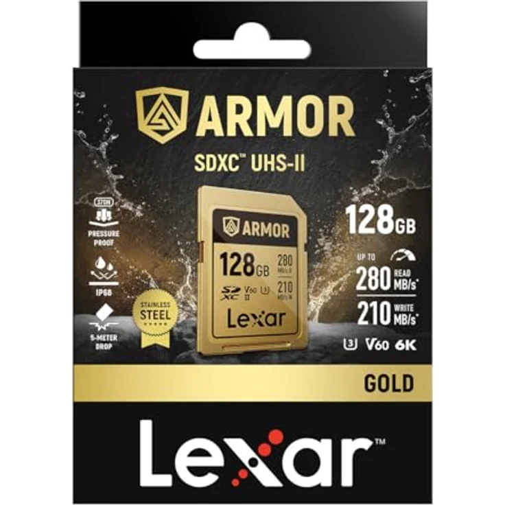 Lexar SDXC Pro Gold Series ARMOR UHS-II V60, 128 GB Speicherkarten, IP68, aus Edelstahl, Schreibgeschwindigkeit bis 210 MB/s, Lesegeschwindigkeit bis 280 MB/s – Bild 7
