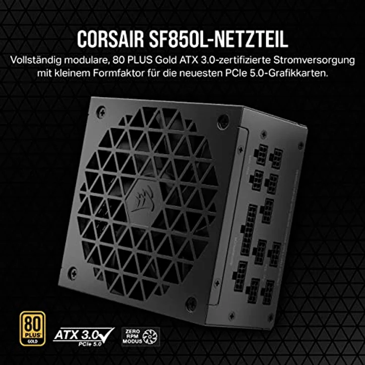 Corsair SF850L Vollmodulares, Geräuscharmes SFX-Netzteil - ATX 3.0- Und PCIe 5.0-Kompatibel - Leiser 120-mm-PWM-Lüfter - 80 Plus Gold-Effizienz - Null-Drehzahl-Modus - 105°C-Kondensatoren - Schwarz – Bild 2