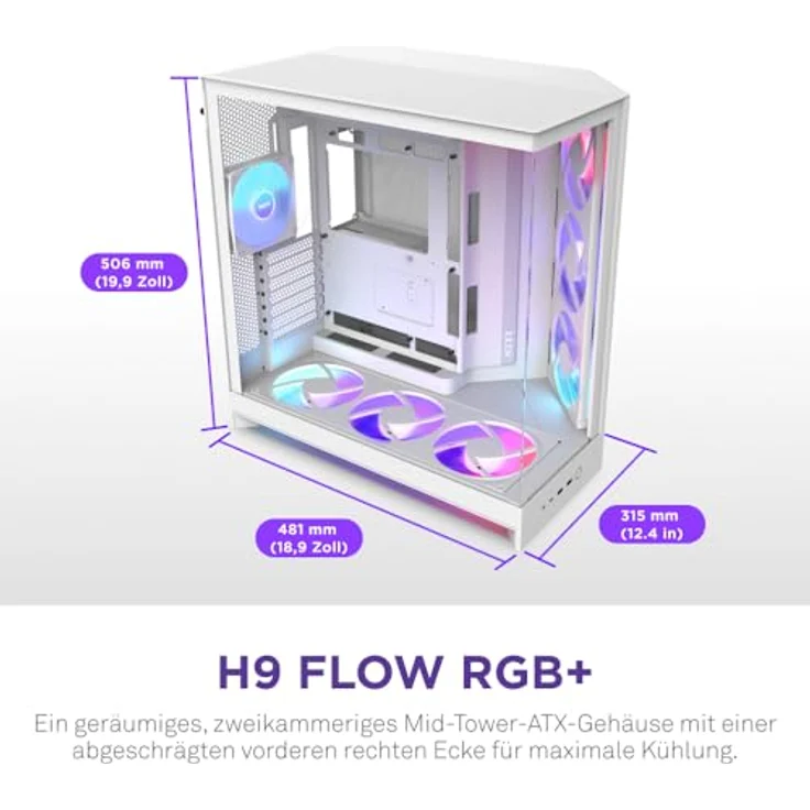 NZXT H9 Flow RGB+ (2025), ATX Mid-Tower PC-Gehäuse mit Dual-Kammer-Design, 7 RGB-Lüftern (6x 140mm, 1x 120mm), 420mm Radiatorunterstützung, Weiß – Bild 2
