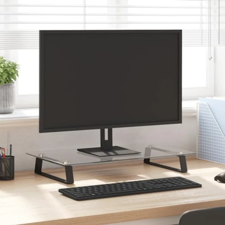 vidaXL Monitorständer, Monitorerhöhung aus Hartglas und Metall mit Stauraum, Schwarz 60x35x8cm, ergonomisches Design für mehr Ordnung – Bild 2