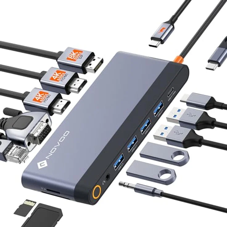 NOVOO Docking Station Dual Monitor, USB C Hub Dual HDMI 4K 60Hz, Displayport, VGA, Gigabit Ethernet, PD 100W, USB x5, SD/TF und 3,5 mm Audio, Dockingstation für MacBook HP Lenovo Dell – Bild 1