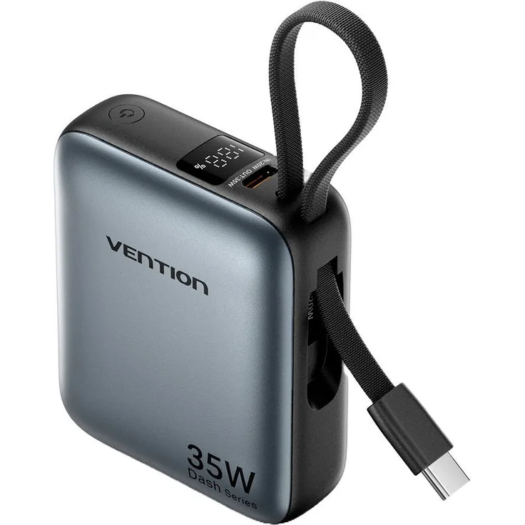 Vention FHEH0 10000mAh Mini Power Bank mit integriertem USB-C Kabel, 35W, Grau