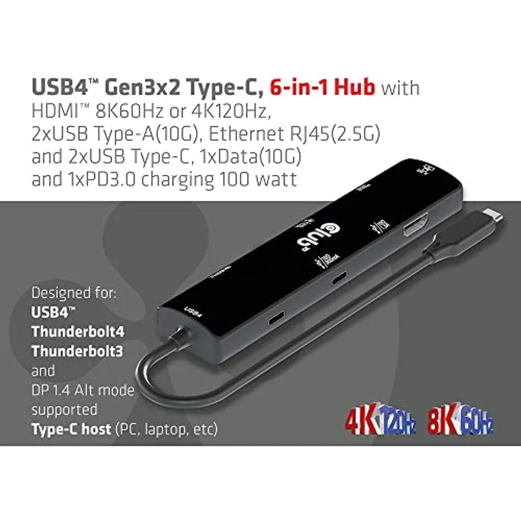 Club 3D CSV-1599 USB4™ Gen3x2 Typ-C, 6-in-1 Hub mit HDMI™ 8K60Hz oder 4K120Hz, 2xUSB Typ-A(10G), Ethernet RJ45(2.5G) und 2xUSB Typ-C, 1x Data(10G) und 1xPD3.0 Laden 100 Watt – Bild 2