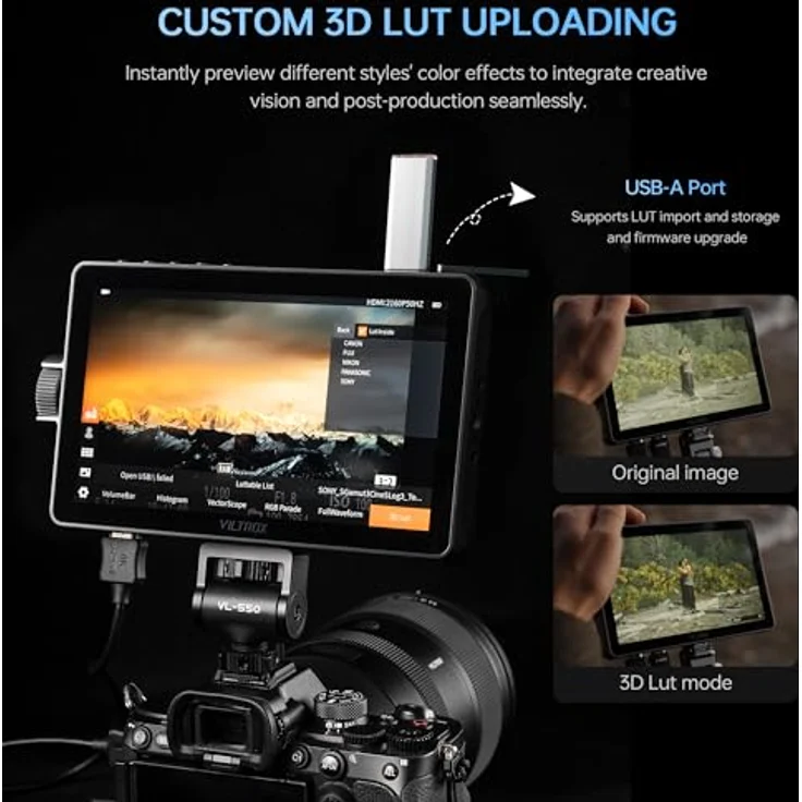 VILTROX DC-A1, 7" Full HD Touchscreen Kamera Field Monitor mit 2800 Nits, 4K HDMI Loop In/Out, 3D LUTs, Waveform, Focus Assist und Akku – Bild 5