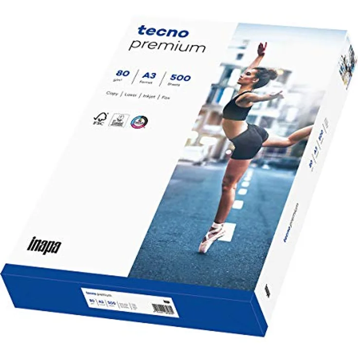 inapa Drucker-/Kopierpapier tecno Premium: 80 g/m², A3, hochweiß, 500 Blatt - Farblok-Technologie, für Inkjet- und Laserdrucker geeignet