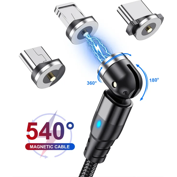 Kevin Frotscher 540° 3 in 1 Magnet Ladekabel, Universal Handy-Ladegerät mit Typ-C, Lightning und Micro-USB Adaptern, LED, 1 Meter, Schnellladen & Datentransfer