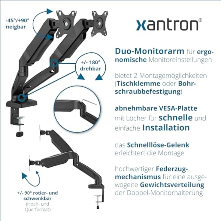 Xantron ECO-MA-2D, Dual Monitorhalterung höhenverstellbar für 17-32 Zoll Monitore, individuell einstellbare Arme für optimale Ergonomie – Bild 3