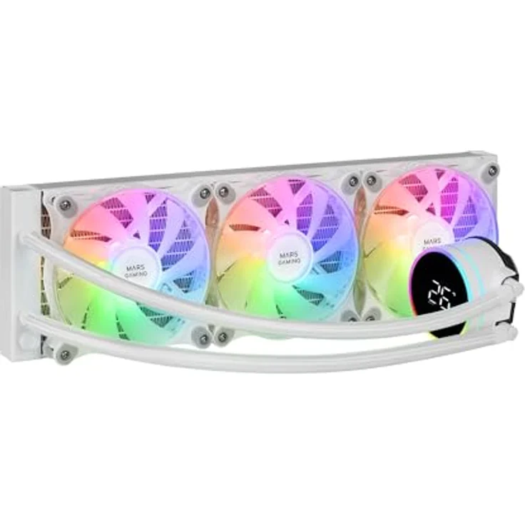 Mars Gaming ML-LCD360, AIO Flüssigkeitskühlung mit 600W TDP, 3x FDB ARGB 120mm Lüfter, LCD-Temperaturdisplay, Opti-Chamber 3rd Gen Pumpe, weiß – Bild 1