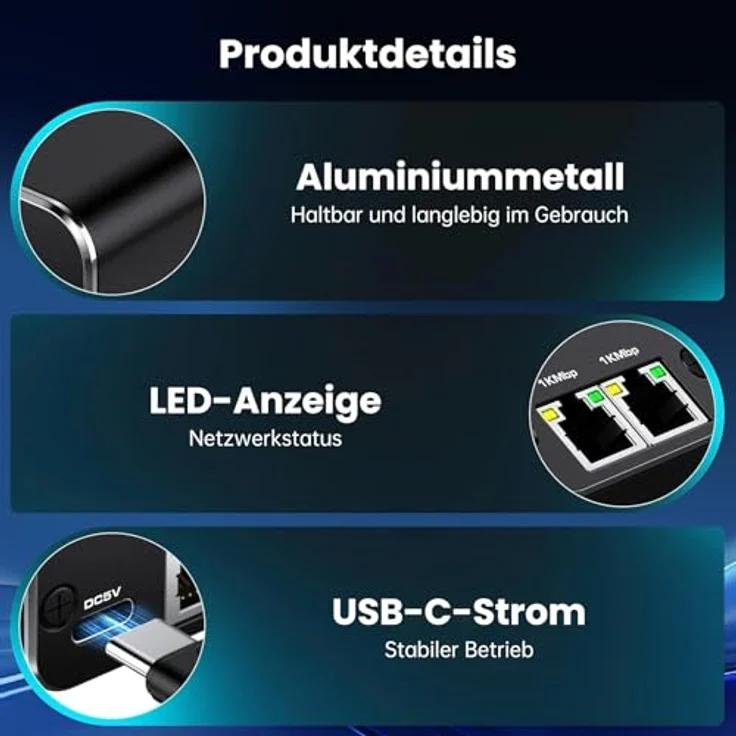 Bundviel LAN Splitter 1 auf 2 Gigabit Ethernet Switch, 2-Port Verteiler für Computer und Laptop, 1000Mbps, RJ45, Type-C – Bild 6