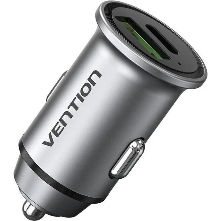 Vention Dual-Port-Autoladegerät USB-A, USB-C FFBH0 18/20W Grau - Aluminiumkonstruktion, LED-Anzeige, Sicherheitsfunktionen