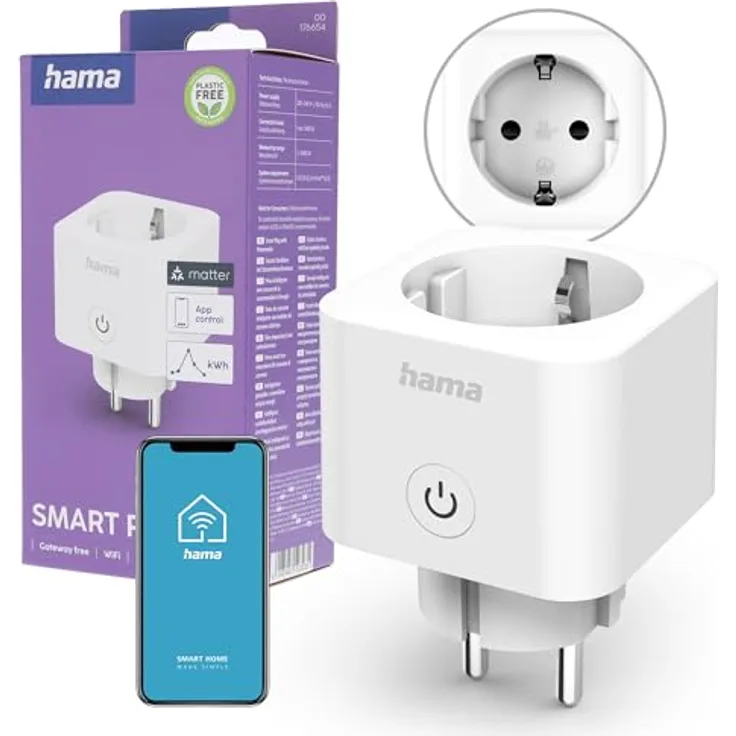Hama 176654 Smarte WLAN-Steckdose, Matter, sprach- und appgesteuert, 3680W, Weiß