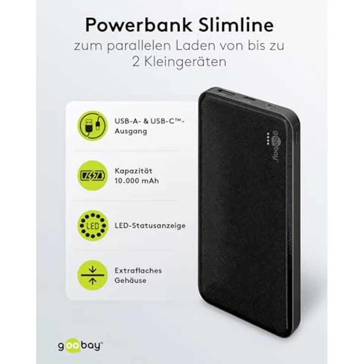 goobay 64591 Powerbank Slimline 10.000 mAh/Laden von bis zu 2 Geräten/USB A und USB C Anschluss/für iPhone, Airpods, Smartphone/Ladestation/flaches Design/Status LED/Schwarz – Bild 2