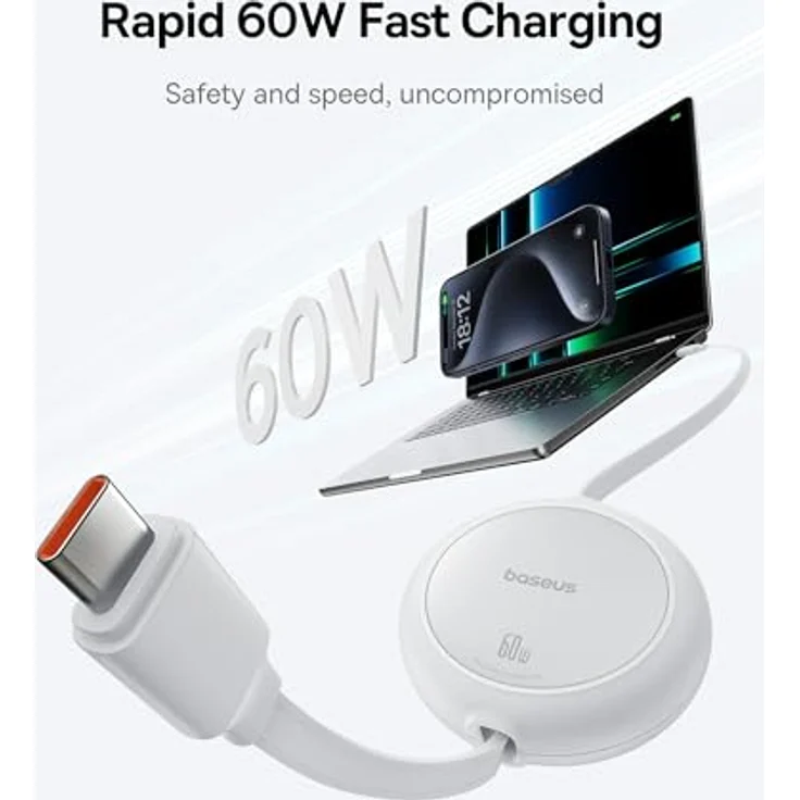 Baseus Free2Pull Mini USB-C zu USB-C Kabel, 1 m, 60W, 0,48 Gbit/s, weiß – Bild 4