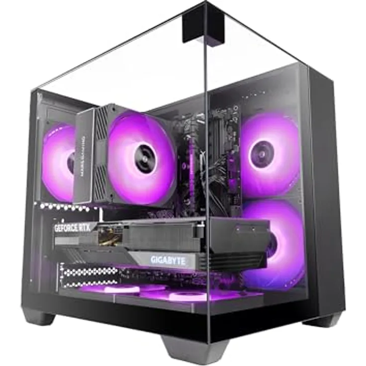 Mars Gaming MC-VISIONM, Kompaktes Mini Tower PC-Gehäuse mit 3-seitigem Temperglas, Schwarz, für MicroATX und Mini-ITX, bis zu 5 Lüfter und 240 mm Flüssigkeitskühlung