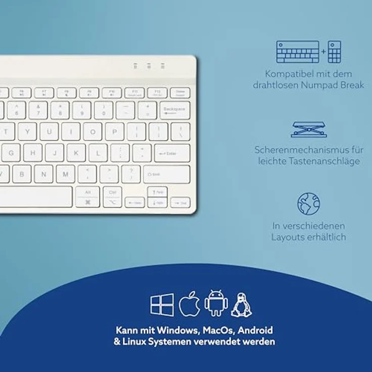 R-Go Compact Break Tastatur, Bluetooth 5.0, QWERTY US Layout, Mit Anti-RSI Software, Ergonomische flaches Design, Kompatibel mit Windows/Microsoft/Linux/Mac, Weiss – Bild 4