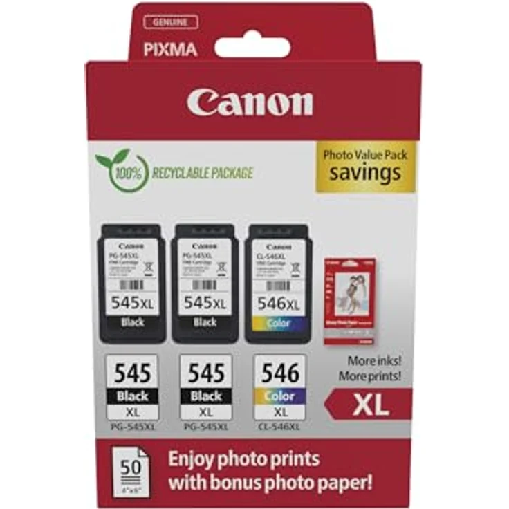 Canon Originaltinte PG-545XL x 2 / CL-546XL (3 Tintenpatronen; 2X Schwarz XL + 1x Farbe XL) - Photo Value Pack (inkl. Canon Fotopapier GP-501 50 Blatt 10x15cm) – Bild 1