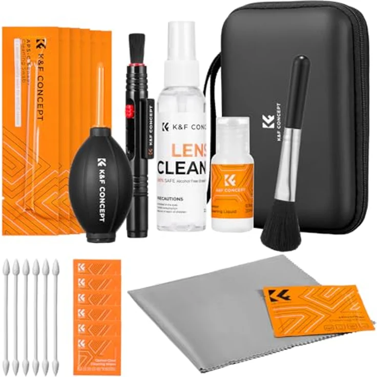 K&F CONCEPT 25 in 1 Kamerareinigungsset für spiegellose APS-C Kameras, inkl. 60ml und 20ml Reinigungslösung, Blasebalg, Linsenstift, Mikrofasertücher und Tragetasche – Bild 1