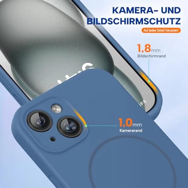 miracase iPhone 15 Hülle mit MagSafe, kratzfestes Mikrofaser-Innenfutter, stoßfeste Flüssigsilikon-Hülle, Glas Blau – Bild 5