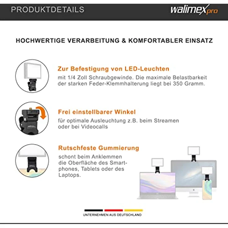 Walimex pro Multifunktionale Mini-Klemme - LED-Leuchten-Halterung mit 1/4 Zoll Gewinde, maximal Belastbarkeit 350 g, rutschfeste Gummierung, universelle Klemme für Smartphones, Tablets und Laptops – Bild 2
