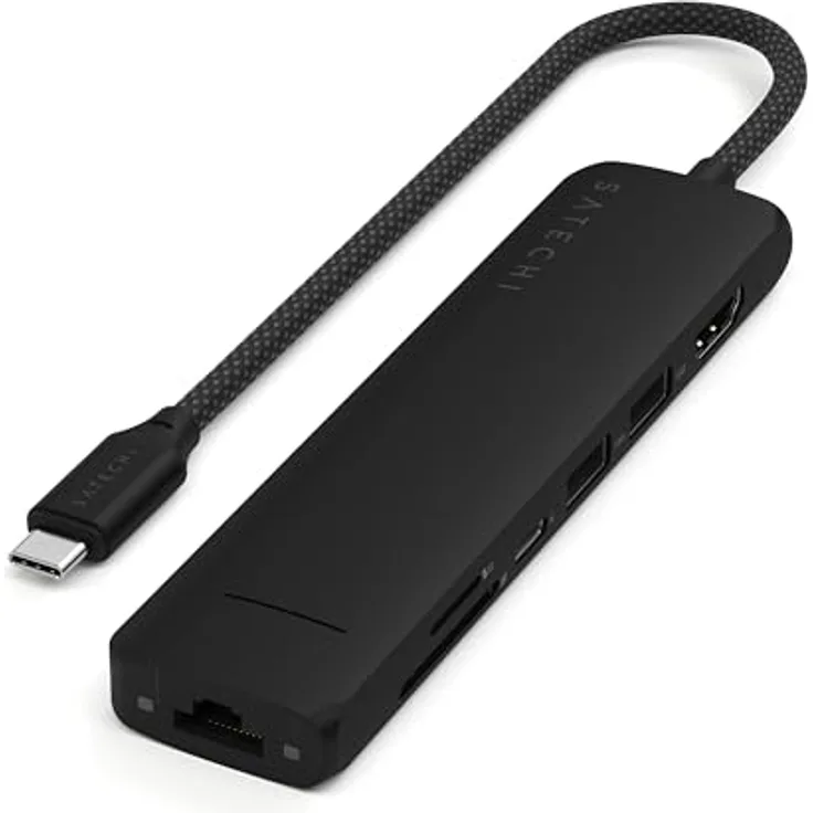 SATECHI 7-in-1 USB-C Hub Slim Plus, Multiport-Adapter, Dockingstation mit 4K HDMI, 100W Power Delivery, 2X USB-A, Ethernet, SD/MicroSD – Schwarz