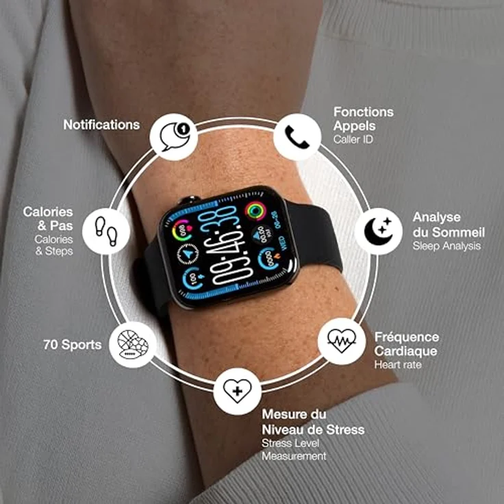 Bigben Connected Square Smartwatch, Anruf- und Gesundheitsfunktionen, 7 Tage Akkulaufzeit, schwarz – Bild 3