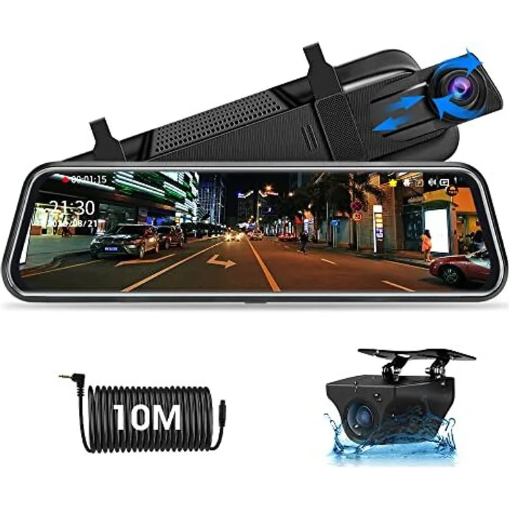 Jansit Dashcam Mirror Rückansichtskamera 10 Zoll Touchscreen, FHD 1080p, 170° Weitwinkel, Nachtsicht, wasserfeste Rückkamera, max. 128GB SD-Karte