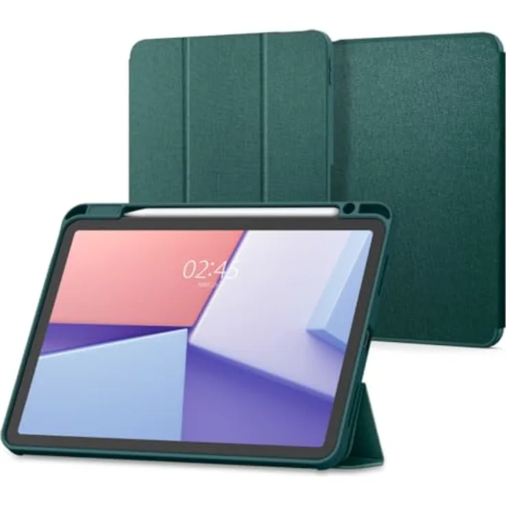 Spigen Urban Fit Hülle Kompatibel mit iPad Air 6. M2 (2024) / 5. (2022) / 4. Generation (2020) 11 Zoll und 10.9 Zoll Case - Stabiler Ständer und veganes Velo-Kunstleder - Mitternachtsgrün