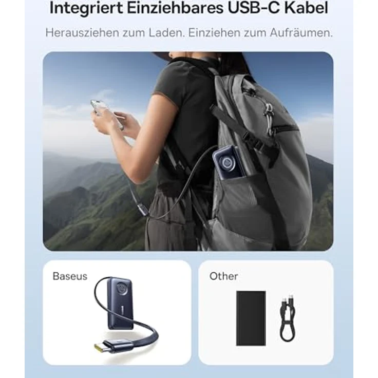 Baseus EnerCore Powerbank 20000mAh mit 70cm einziehbarem USB-C Kabel, 67W maximale Leistung, 2x USB-C, kompatibel mit iPhone 16/15, iPad, MacBook, Laptop, Samsung und mehr – Bild 5