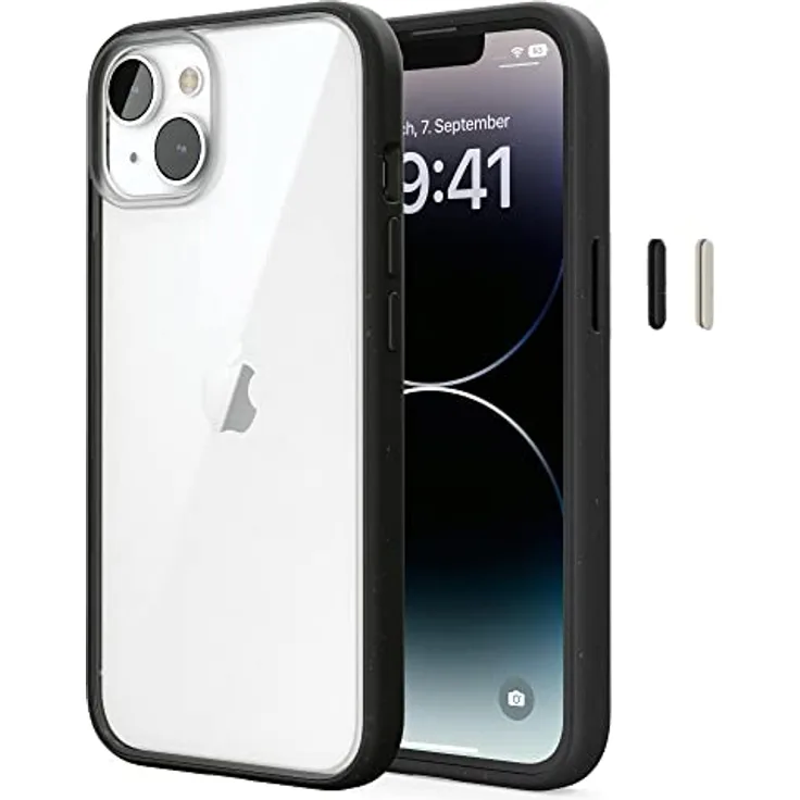 Woodcessories - Bio Clear Case transparent kompatibel mit iPhone 14 Plus Hülle durchsichtig, schwarz, Nachhaltig