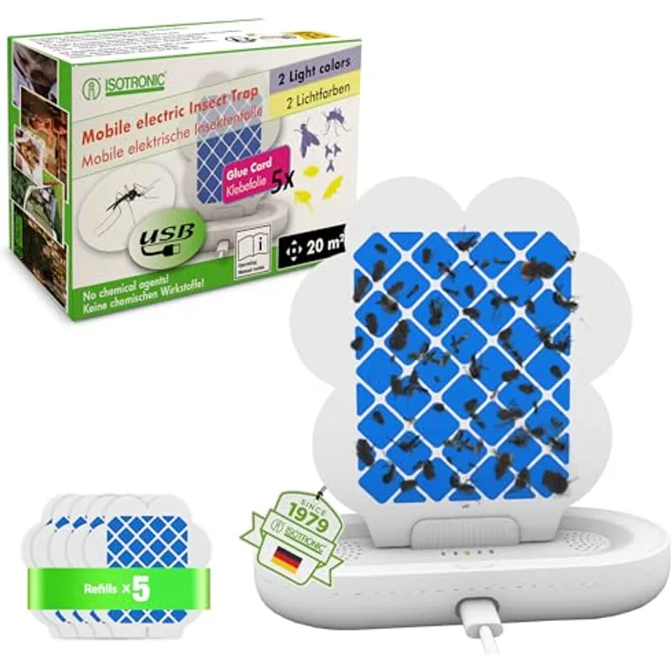 ISOTRONIC Mobile Steckdosen-Fluginsektenfalle, geruchlos, mit UV-Licht und starken Klebefallen, für drinnen, zum Einstecken, inkl. Nachfüllungen