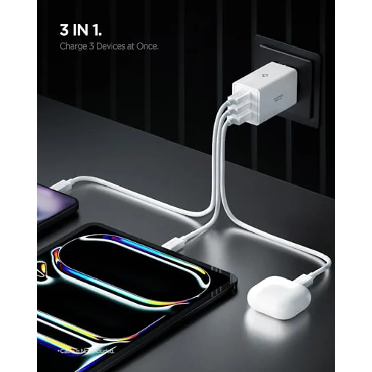 Spigen ArcStation Essential GaN 67W 3-Port USB-C & A Ladegerät, PPS Schnellladegerät mit PD 3.0 und Quantum-Boost-Technologie, Weiß – Bild 3