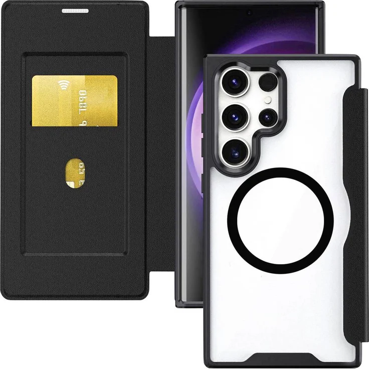 4Smarts Booklet Samsung Galaxy S26 Ultra, Schwarz-Transparent, Induktives Laden mit Kartenfach, Kratz- und Stoßschutz