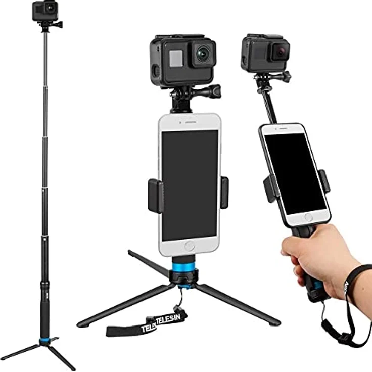 TELESIN GP-MNP-090-S, Selfie Stick / Tripod aus Aluminium für Sportkameras, 20-90 cm einstellbar, 180° drehbar, wasserdicht und korrosionsbeständig – Bild 2