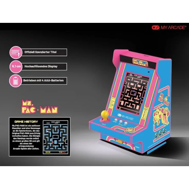 My Arcade Nano Player Ms PacMan, 4.5 Zoll tragbare Konsole mit 2.4” Farbdisplay und Lautstärkeregler – Bild 2