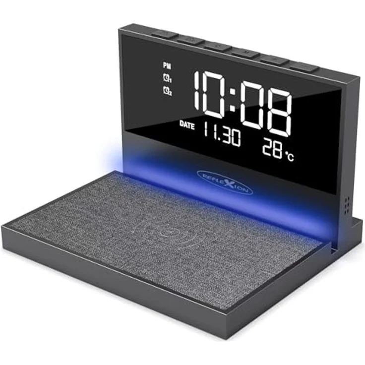 REFLEXION ACW2188 Wireless Charger, Wecker mit kabellosem Ladegerät, Großes Display für Uhrzeit, Datum und Temperatur, 2 Weckzeiten, Nachtlicht, USB Ladefunktion – Bild 3