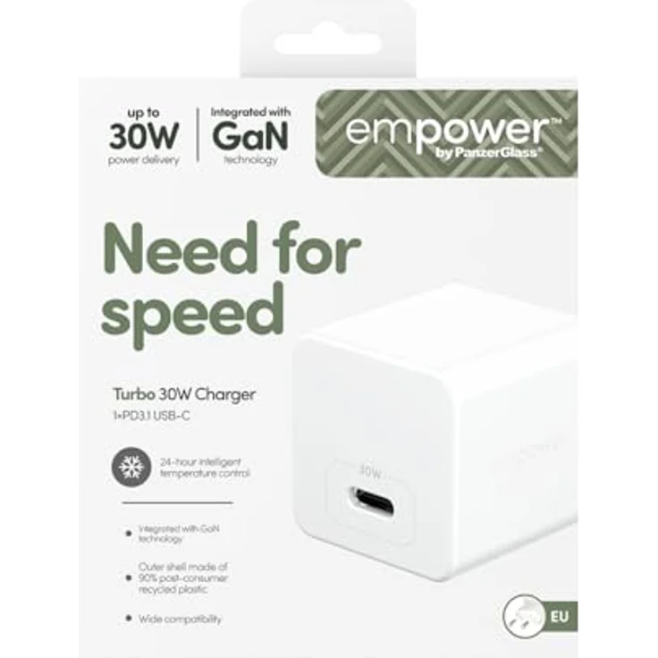 PanzerGlass Turbo Ladegerät Single USB-C (30W), EU Anschluss, Überhitzungsschutz, aus 75% recyceltem Kunststoff, Weiss – Bild 3